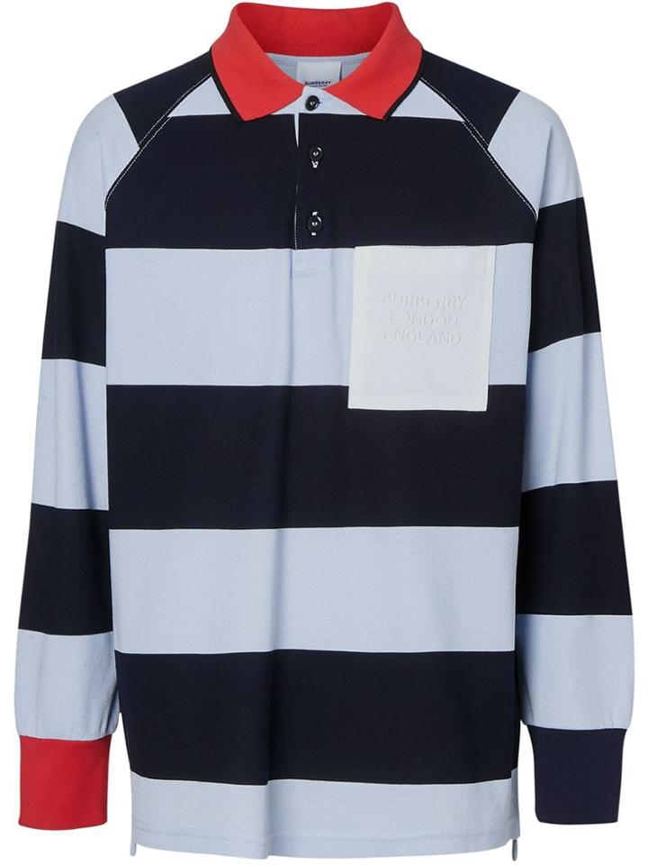 Burberry Long-sleeve Striped Cotton Piqué Polo Shirt - Blue
