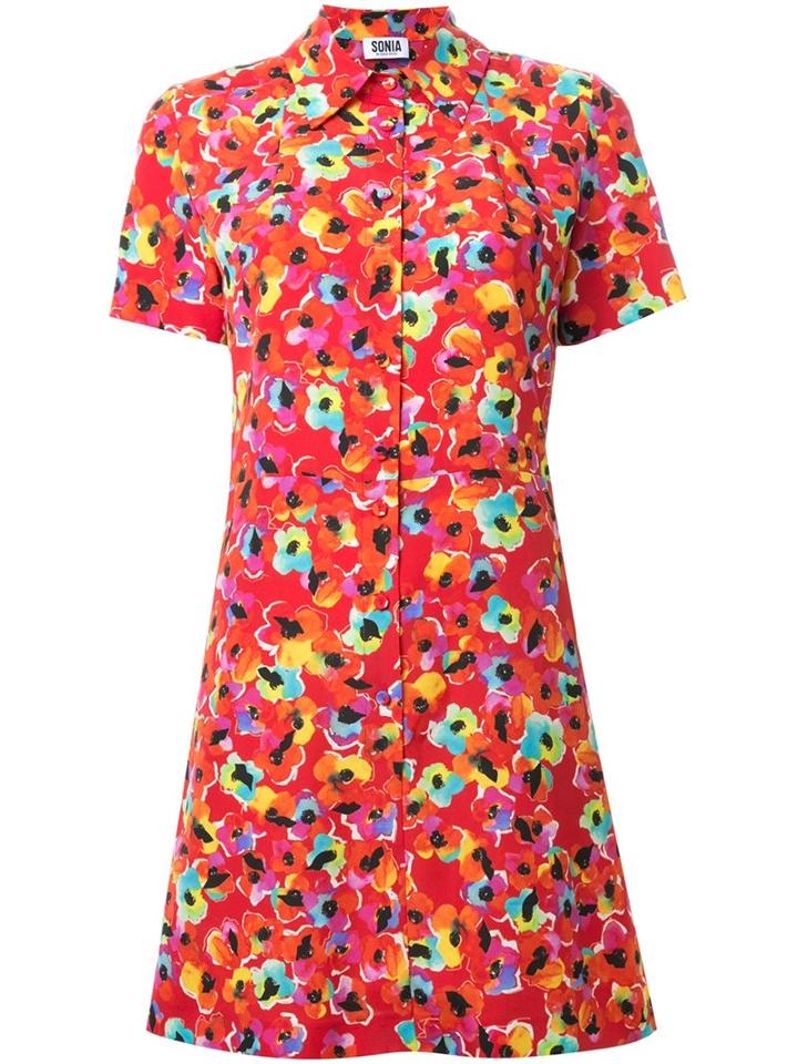 Sonia By Sonia Rykiel Flower Print Shirt Dress, Women's, Size: 38, Red, Cotton/polyester
