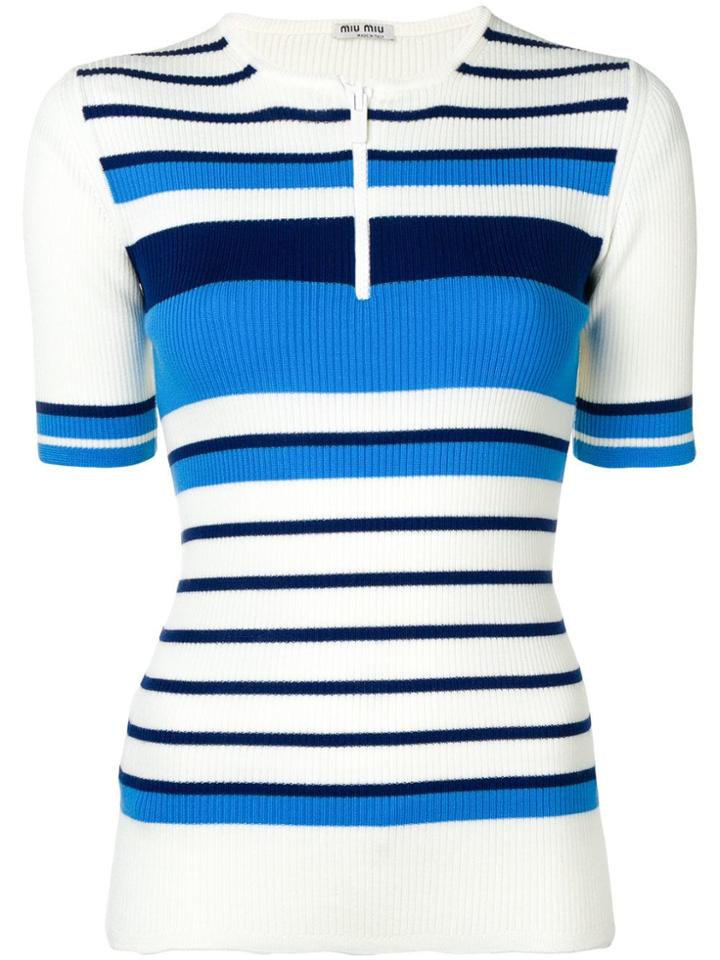 Miu Miu Ribbed Zipped Polo Top - White