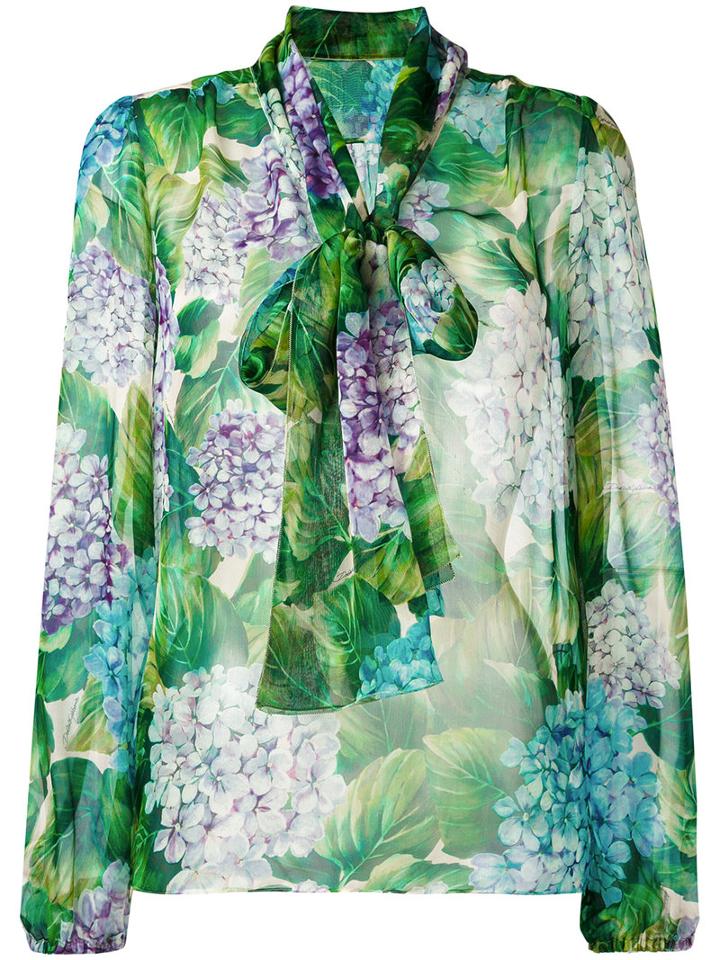 Dolce & Gabbana - Hydrangea Print Pussybow Blouse - Women - Silk - 42, Green, Silk