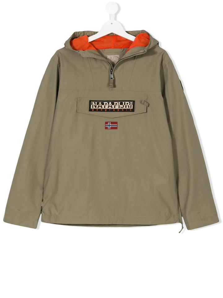 Napapjiri Kids Teen Logo Embroidered Hooded Jacket - Green