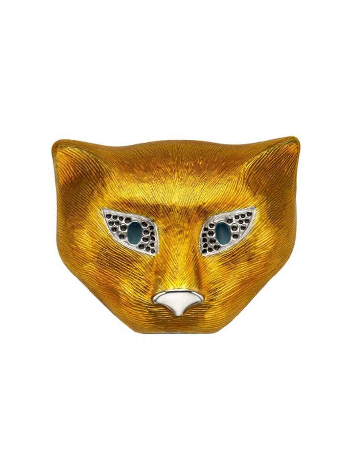 Gucci Silver Cat Head Brooch With Enamel - Yellow