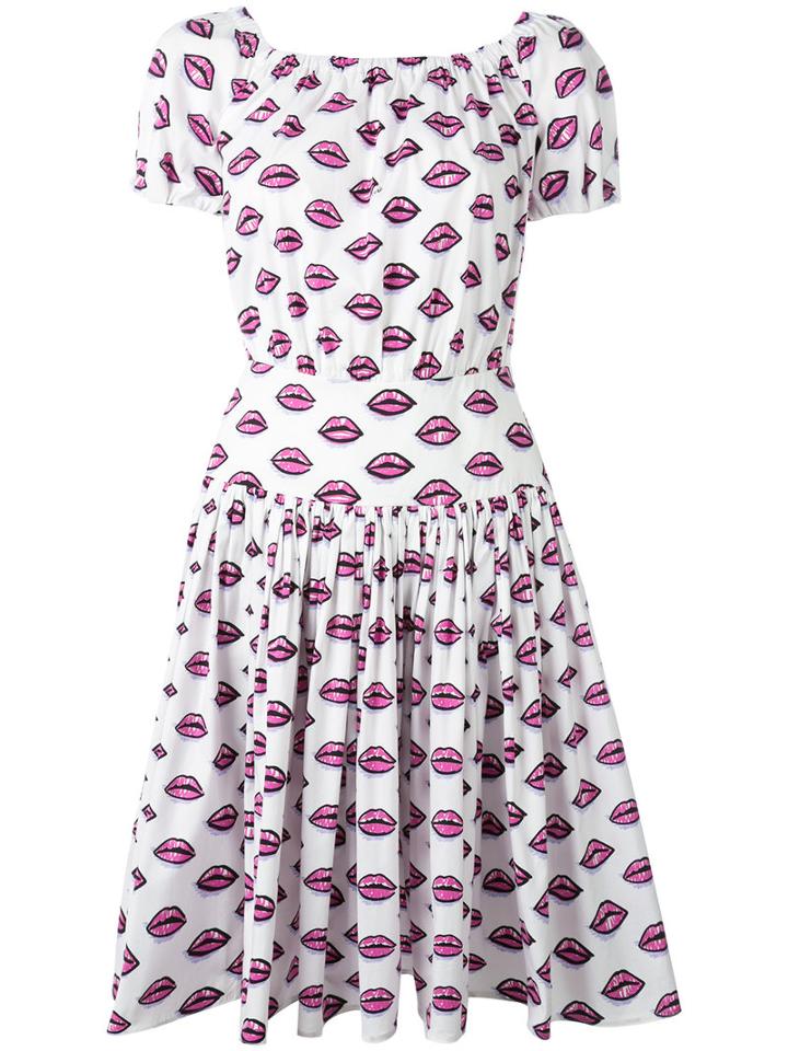 Prada Lip Print Flared Dress, Women's, Size: 44, White, Cotton/spandex/elastane
