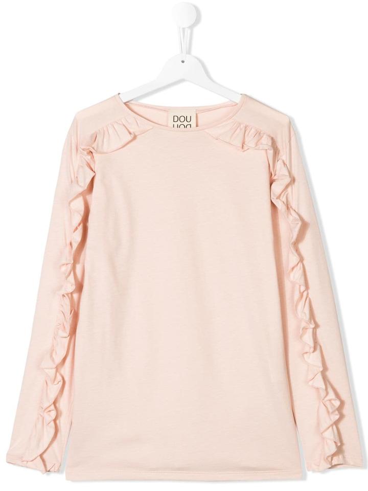 Douuod Kids Frill Sleeve T-shirt - Pink & Purple