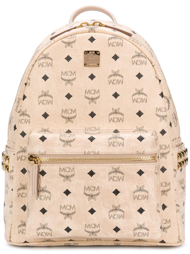 Mcm Logo Print Studded Backpack - Nude & Neutrals