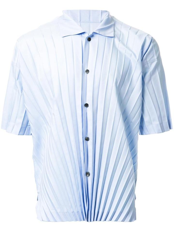 Homme Plissé Issey Miyake Pleated Short Sleeve Shirt, Men's, Size: 3, Blue, Polyester