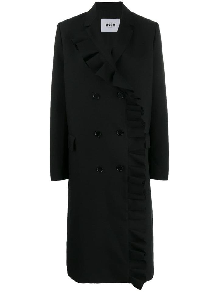 Msgm Double Breasted Ruffle Coat - Black