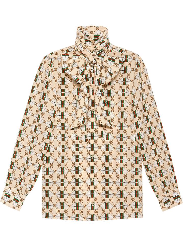 Gucci Silk Shirt With Web Gg Print - Nude & Neutrals