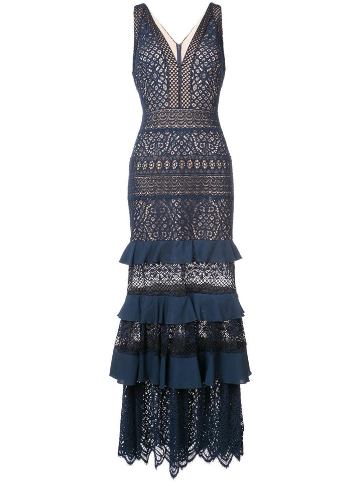 Tadashi Shoji - Frill Tiered Plunge Gown - Women - Cotton/nylon/polyester - 4, Blue, Cotton/nylon/polyester