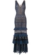 Tadashi Shoji - Frill Tiered Plunge Gown - Women - Cotton/nylon/polyester - 4, Blue, Cotton/nylon/polyester