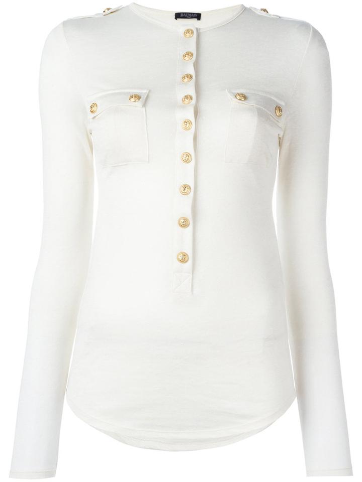 Balmain Long Sleeve Slub Jersey Top, Women's, Size: 36, Nude/neutrals, Linen/flax/viscose