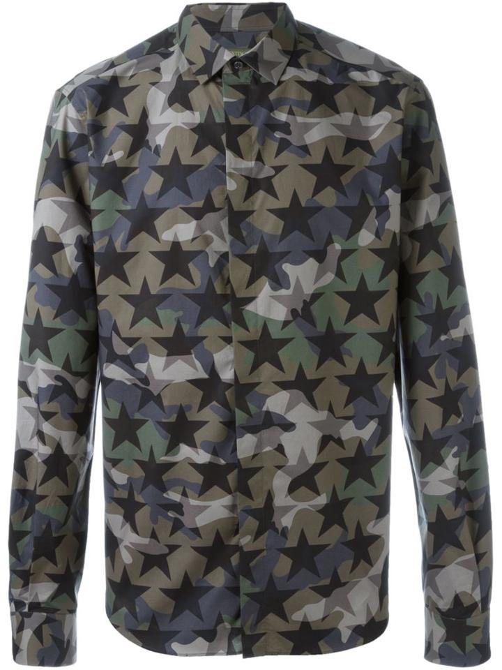 Valentino Camouflage Star Print Shirt, Men's, Size: 38, Green, Cotton