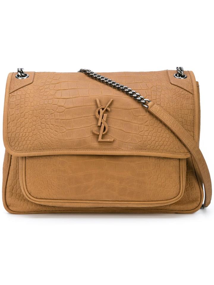 Saint Laurent Niki Crocodile Embossed Chain Bag - Brown