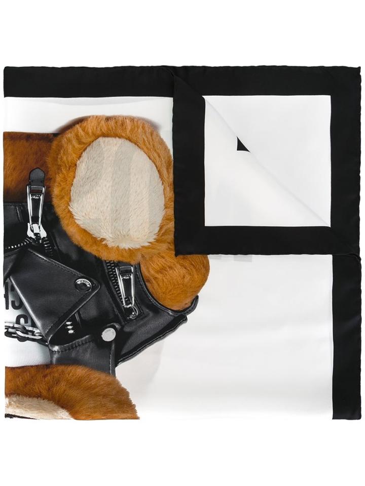 Moschino Biker Teddy Bear Print Scarf, Women's, White, Silk