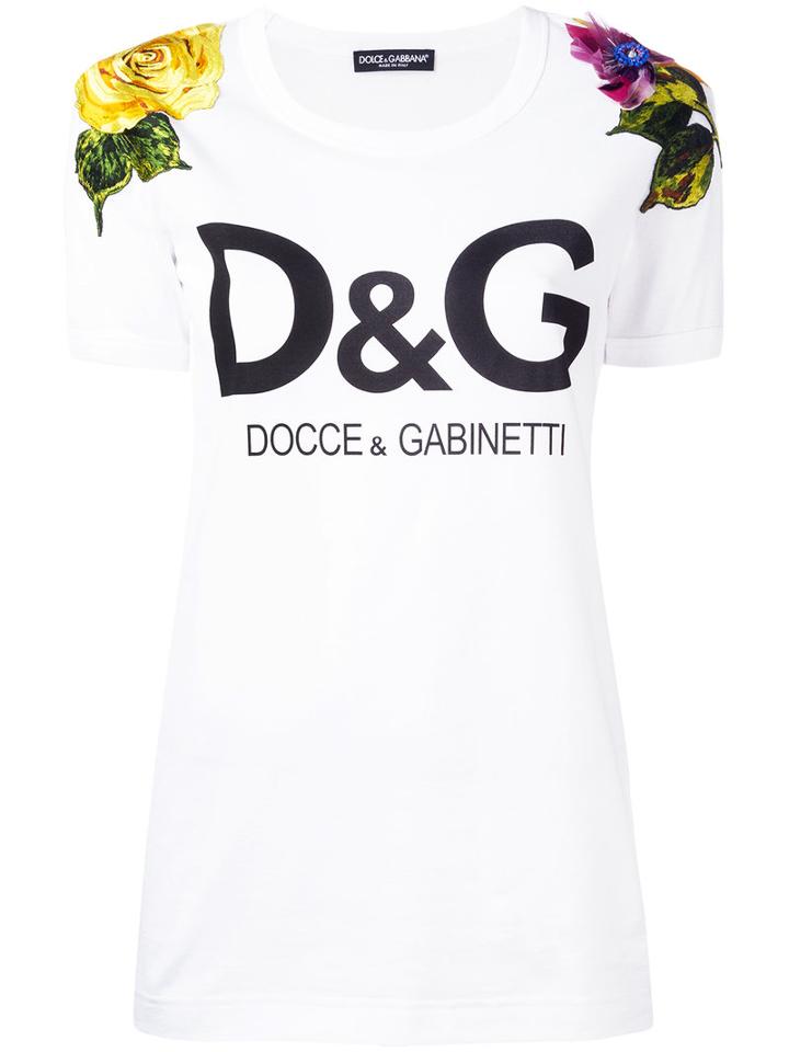 Dolce & Gabbana Logo Floral Embroidered T-shirt, Women's, Size: 36, White, Cotton/silk/viscose/polyester
