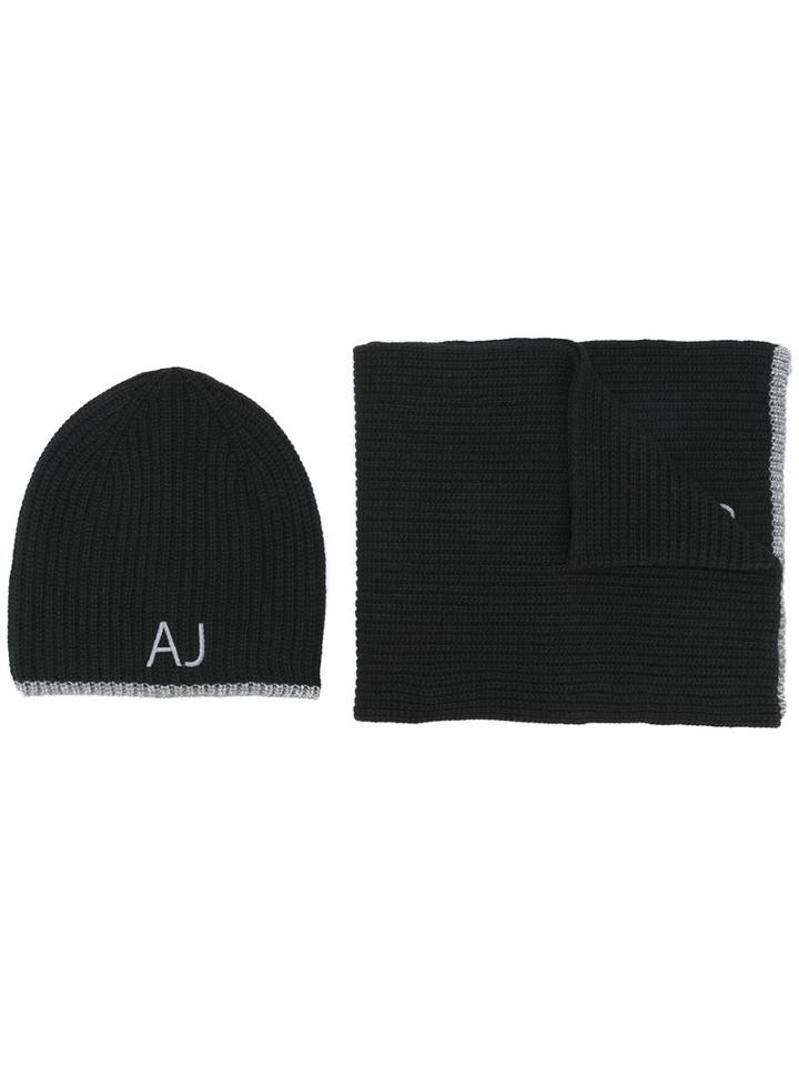 Armani Jeans Beanie And Scarf Set, Men's, Black, Polyamide/viscose/cashmere/wool