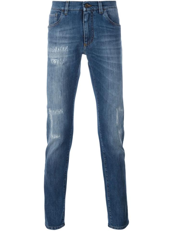 Dolce & Gabbana Distressed Slim Jeans, Men's, Size: 56, Blue, Cotton/spandex/elastane/calf Leather/zamac