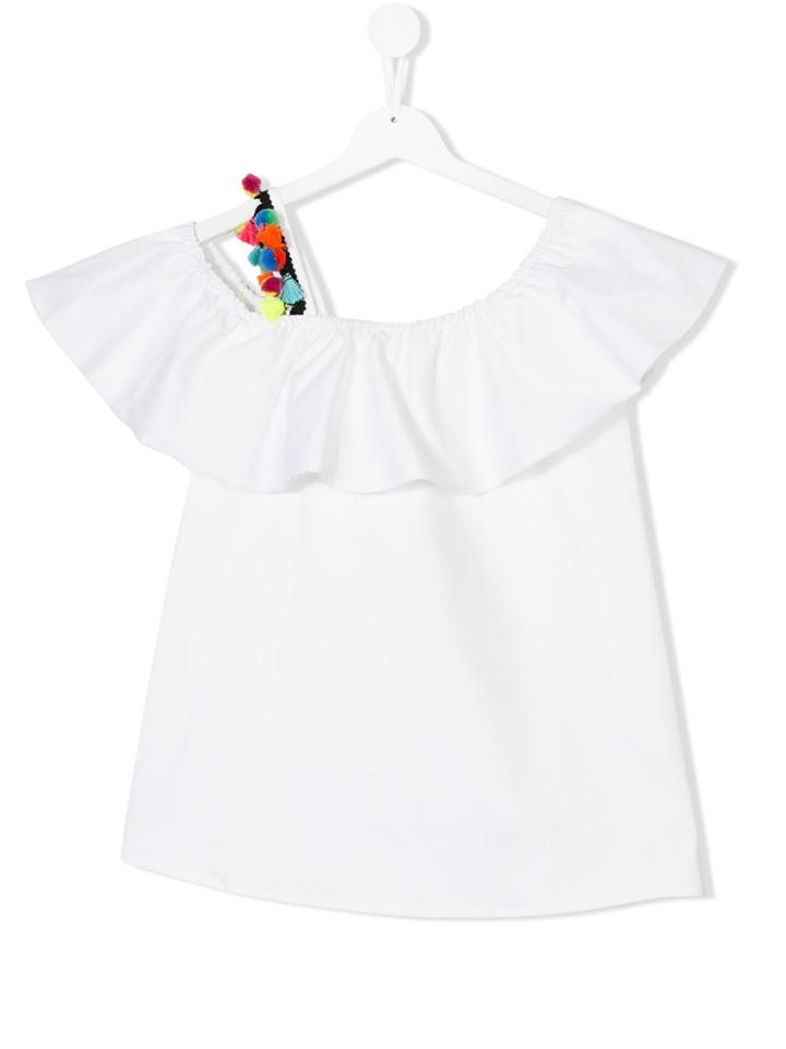 Mariuccia Milano Kids Teen Frill Top Pom-pom Blouse - White