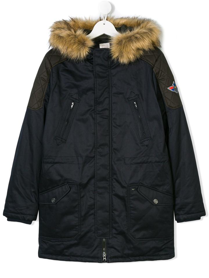 Armani Junior Hooded Midi Padded Coat - Blue