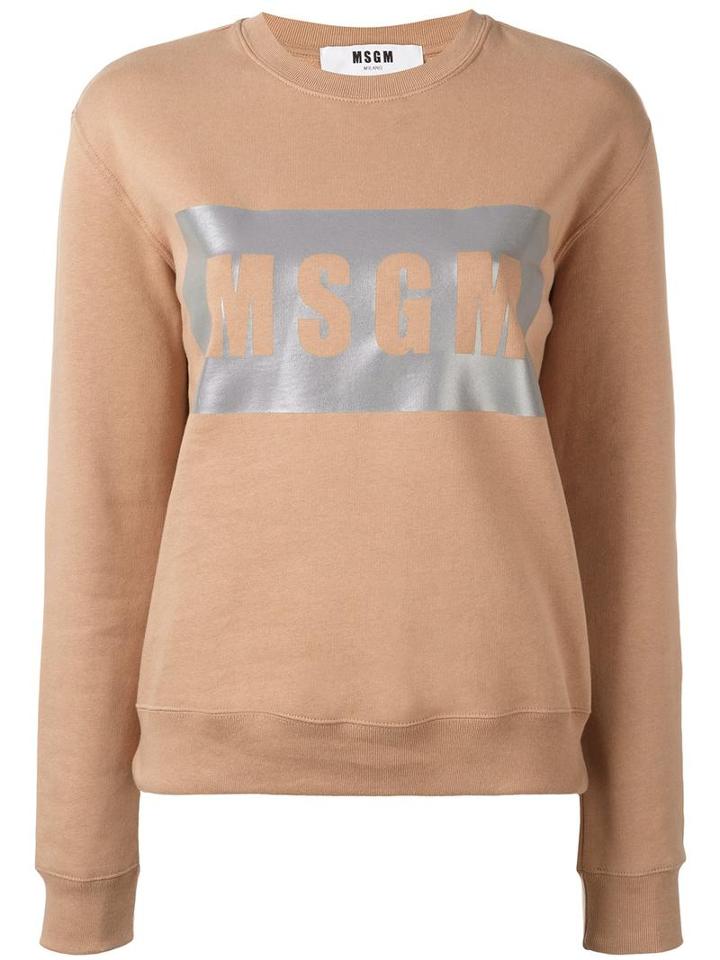 Msgm Metallic Logo Print Sweatshirt, Women's, Size: Medium, Nude/neutrals, Cotton