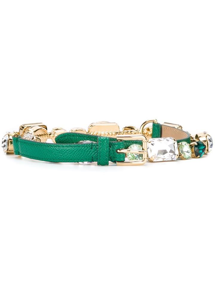 Dolce & Gabbana Crystal Embellished Belt, Women's, Size: Small, Green, Calf Leather/crystal/brass