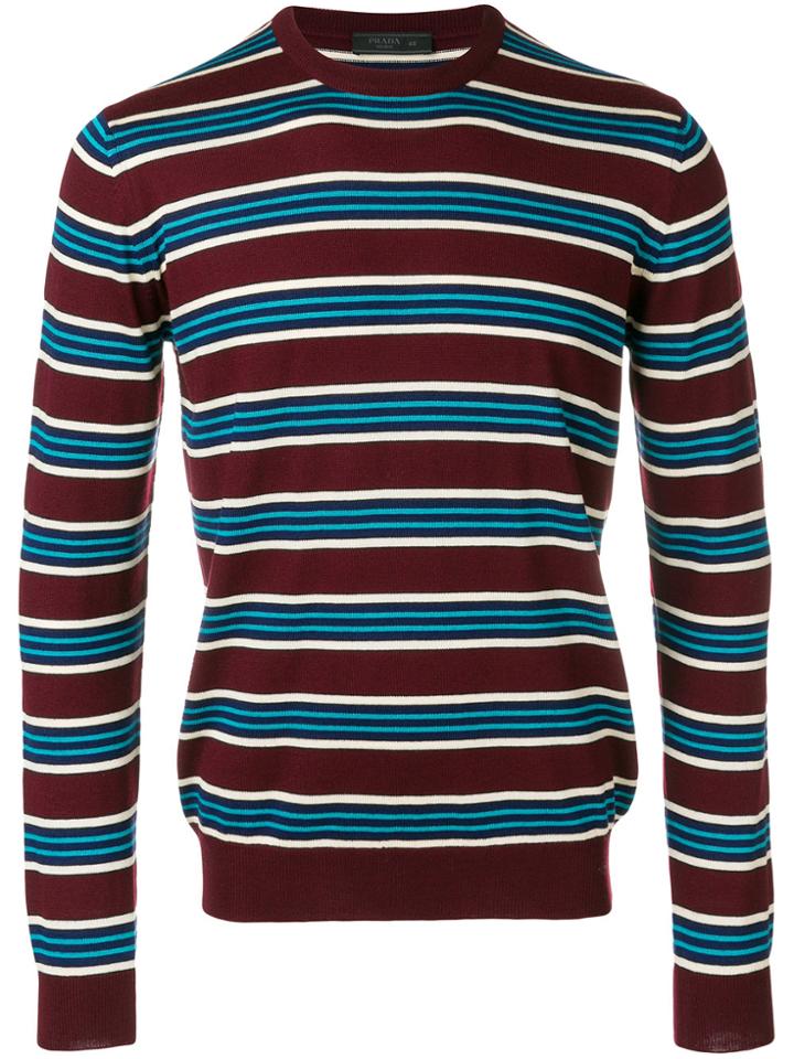 Prada Round Neck Striped Pullover - Red