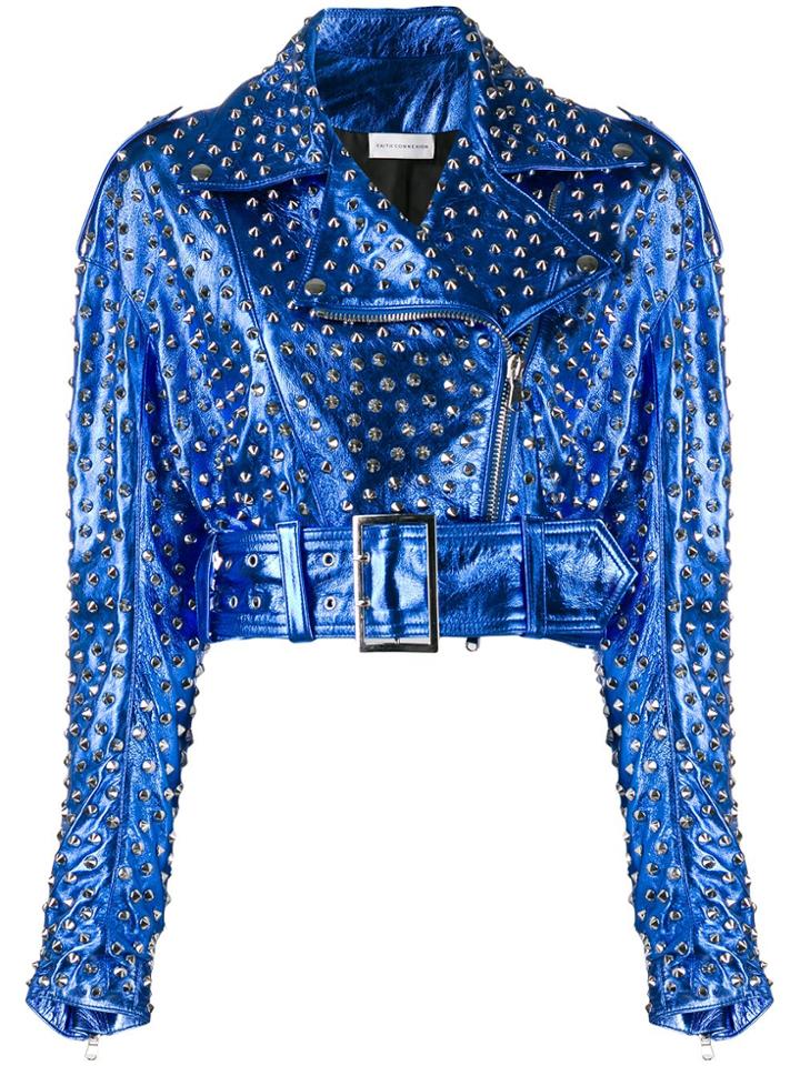 Faith Connexion Sita Studded Cropped Moto Jacket - Blue