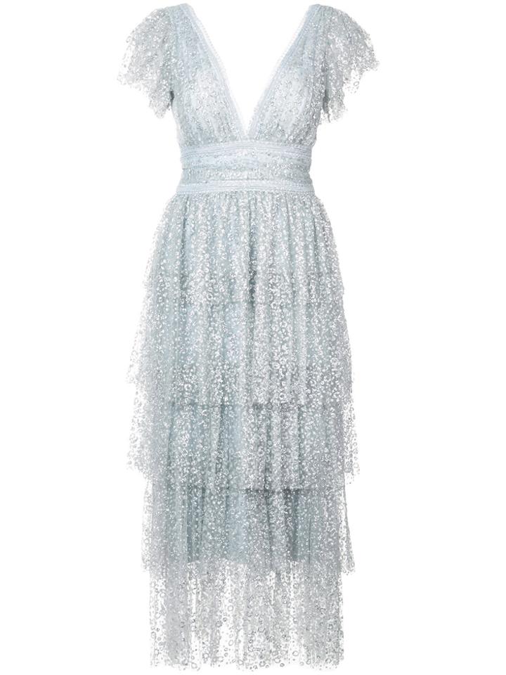 Marchesa Notte Tiered Sequinned Dress - Grey