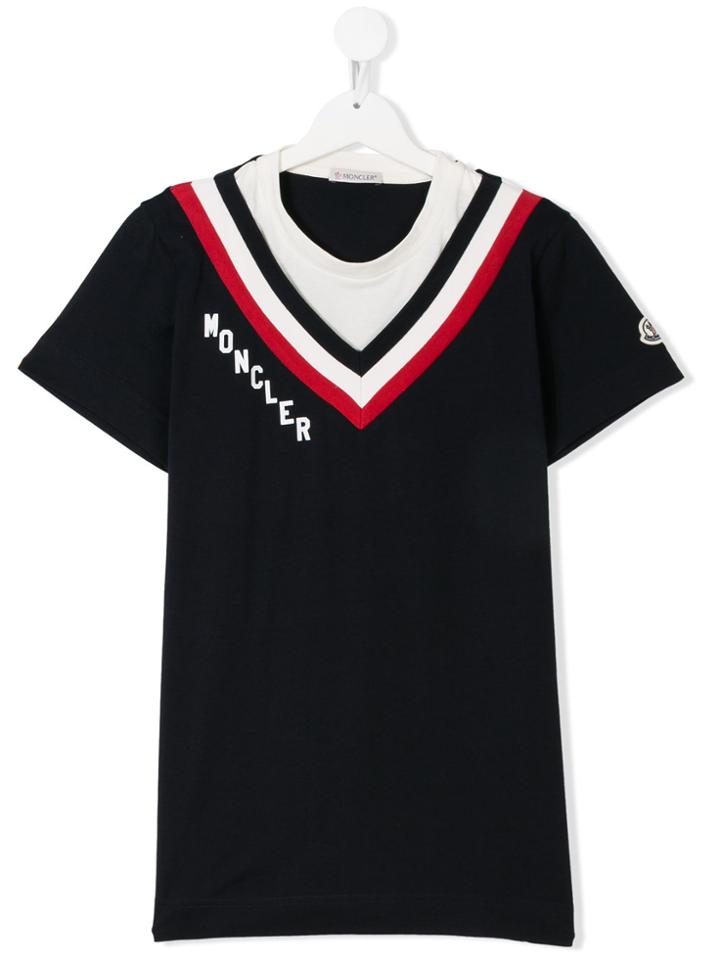 Moncler Kids Teen V-striped Neckline T-shirt - Blue