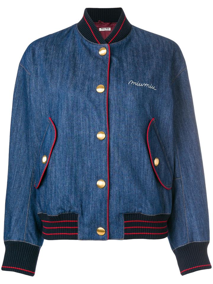 Miu Miu Varsity Denim Bomber Jacket - Blue