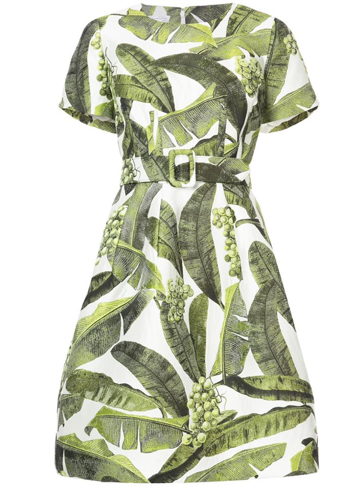 Oscar De La Renta Palm Leaf Print Belted Dress - Green
