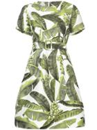 Oscar De La Renta Palm Leaf Print Belted Dress - Green