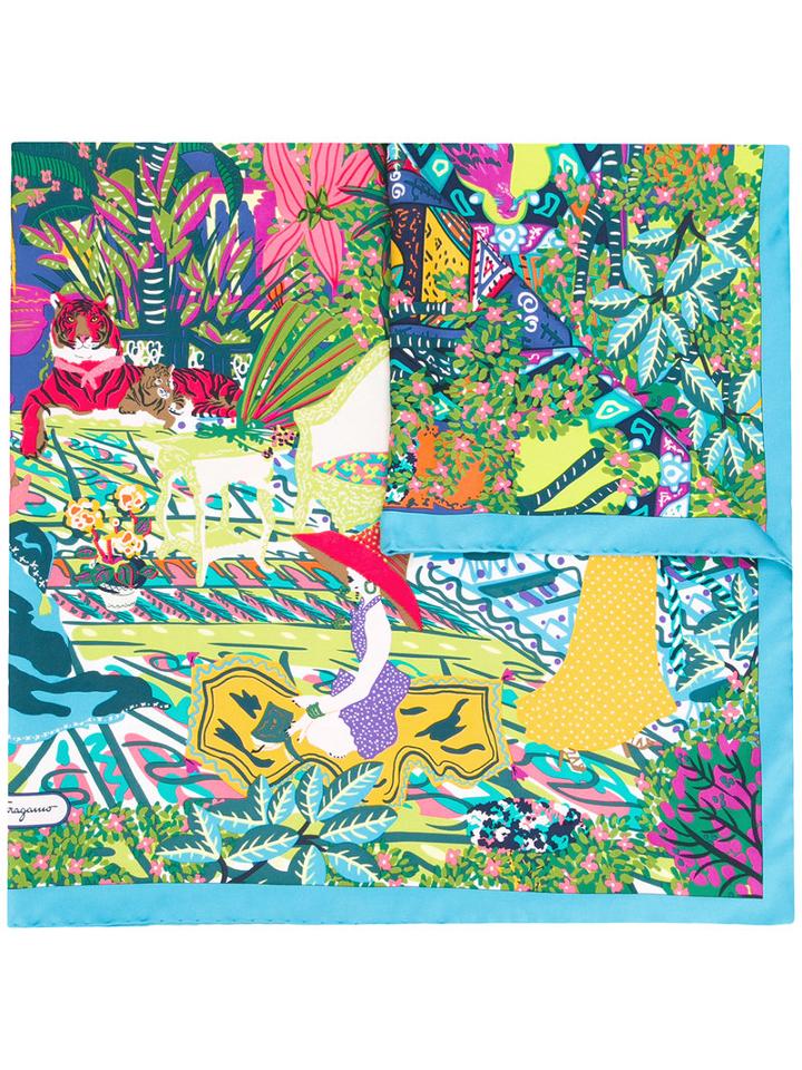 Salvatore Ferragamo Jungle Print Scarf, Women's, Blue, Silk