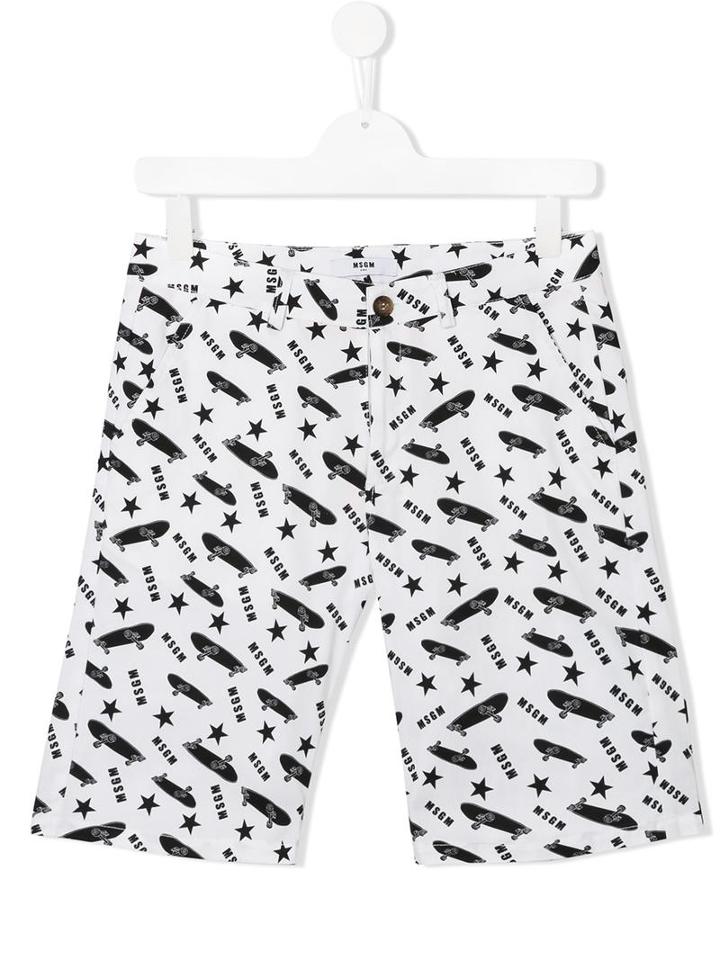 Msgm Kids Skateboard Print Shorts, Boy's, Size: 14 Yrs, White