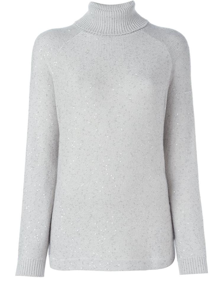 Brunello Cucinelli Flocked Roll Neck Pullover, Women's, Size: Medium, Grey, Silk/polyamide/cashmere