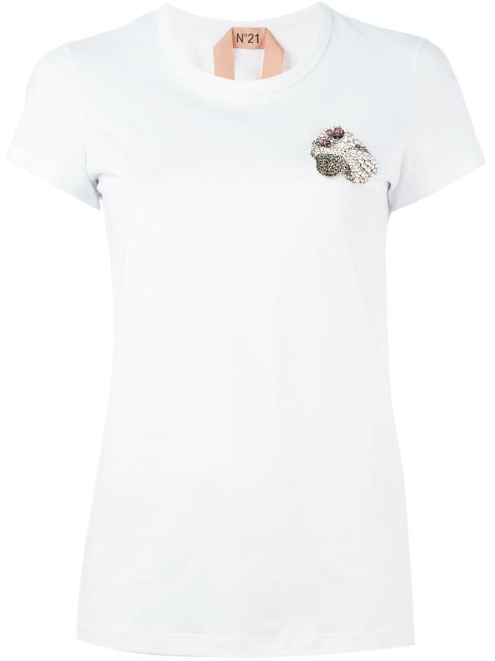 No21 Rhinestone Monkey Appliqué T-shirt, Women's, Size: 42, White, Cotton