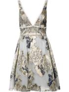 Marchesa Notte Floral Print Flared Dress, Women's, Size: 14, Grey, Acrylic