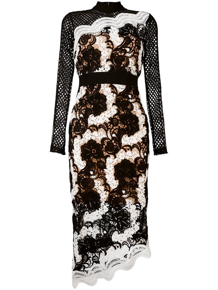 Self-portrait - Asymmetric Floral Lace Dress - Women - Polyester/spandex/elastane - 14, Black, Polyester/spandex/elastane