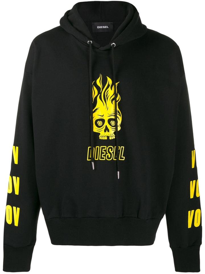 Diesel Skull Logo Print Hoodie - Black