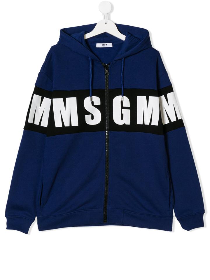 Msgm Kids Teen Logo Zipped Hoodie - Blue