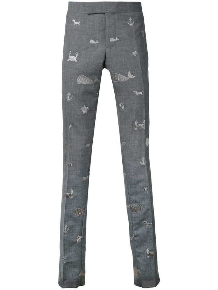 Thom Browne - Embroidered Animals Chinos - Men - Wool - 2, Grey, Wool