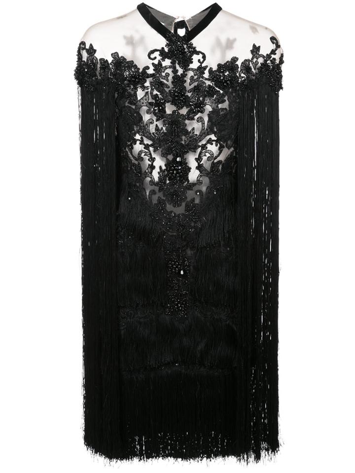 Marchesa Beaded Fringe Mini Dress - Black
