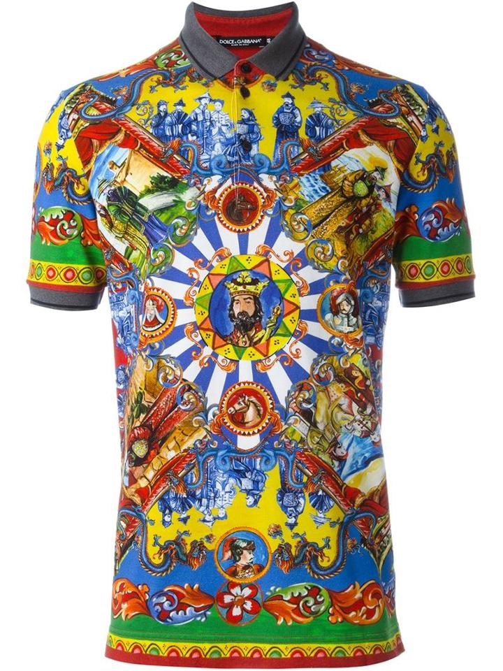 Dolce & Gabbana Carretto Siciliano Print Polo Shirt, Men's, Size: 48, Grey, Cotton/leather