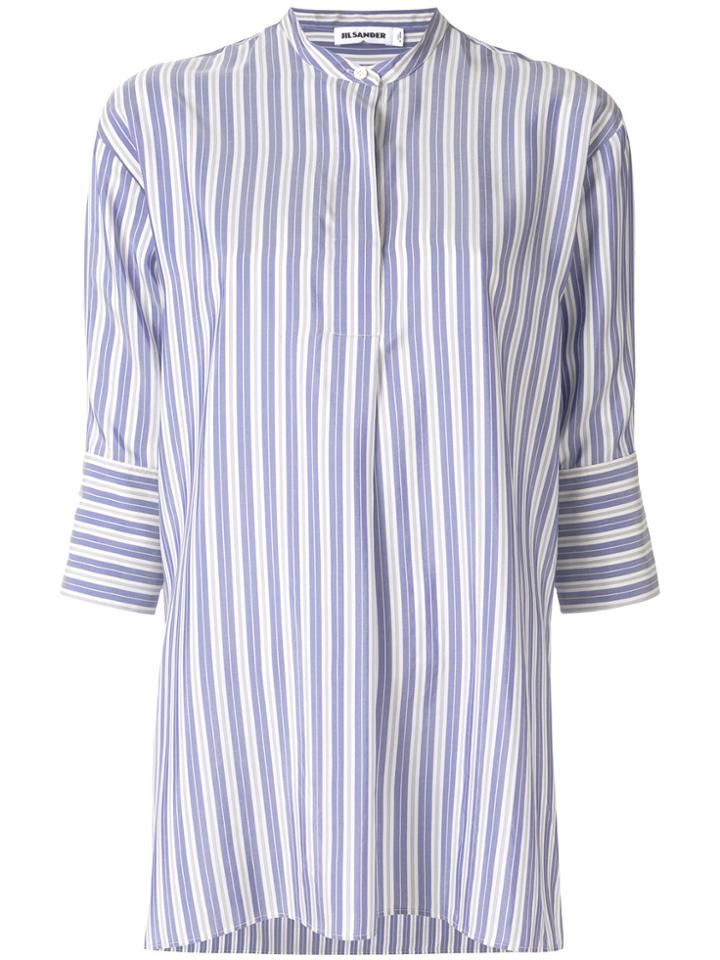 Jil Sander Striped Collarless Cropped Sleeve Shirt - Blue