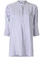 Jil Sander Striped Collarless Cropped Sleeve Shirt - Blue