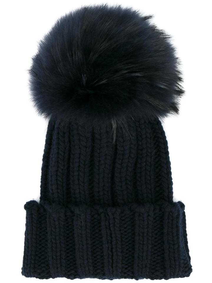 Inverni Fox Fur Pom Pom Beanie, Women's, Blue, Cashmere/racoon Fur