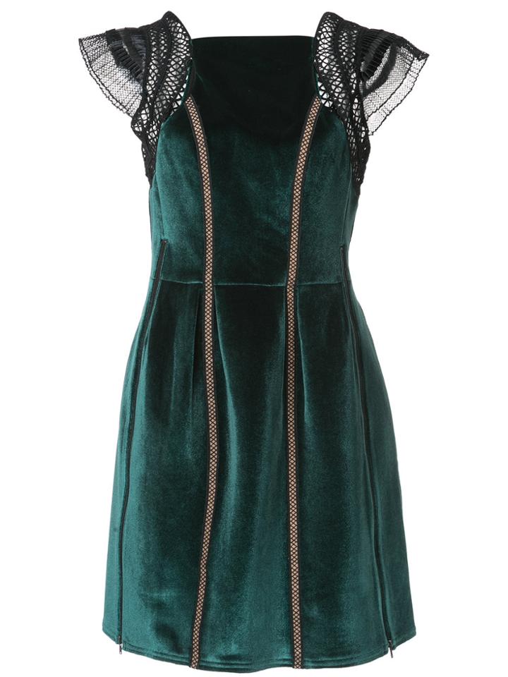 Self-portrait Velvet Frill Shoulder Mini Dress - Green