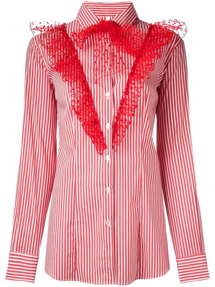 Alcoolique Ruffled Button Down Shirt, Women's, Size: 38, Red, Cotton/polyamide/spandex/elastane