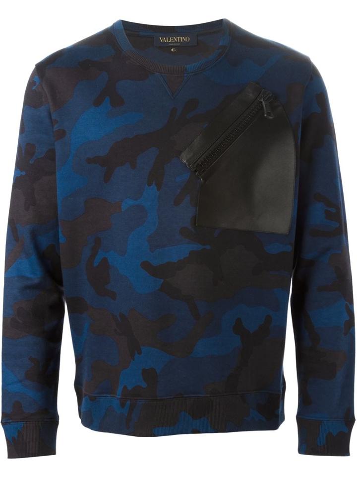 Valentino 'rockstud' Camouflage Sweatshirt, Men's, Size: Small, Blue, Cotton/polyamide/lamb Skin