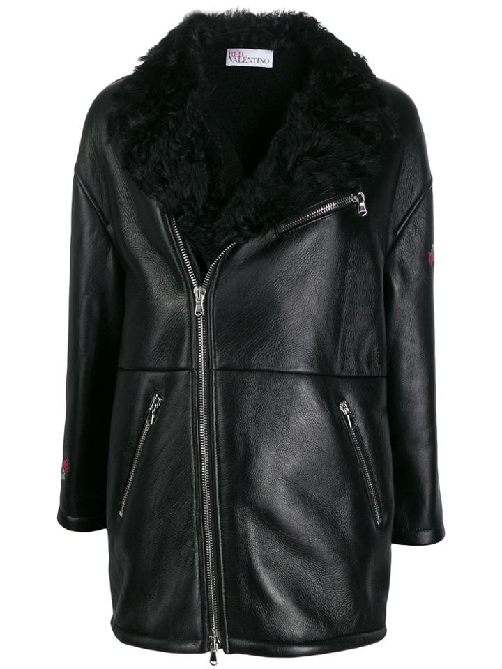 Red Valentino Floral Bird Motif Leather Jacket - Black